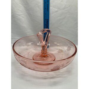 Pink Depression Glass Center Handle Bowl Lattice and Flower Etched